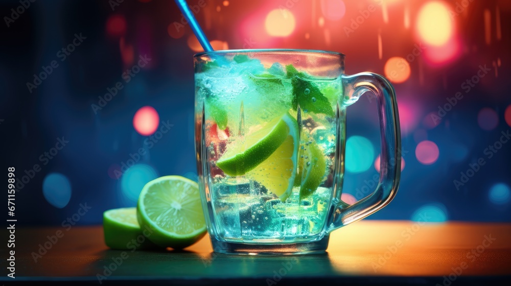 Poster a glass of limeade with a straw and a lime slice on a table with boke boke lights in the background 