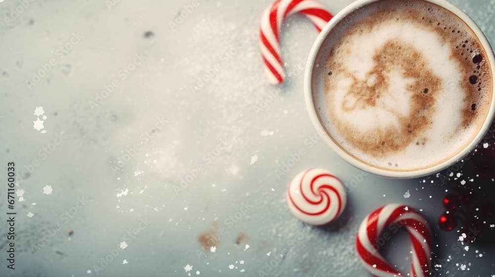 Poster a cup of hot chocolate and candy canes on a gray surface with snow and snow flakes on the table and 