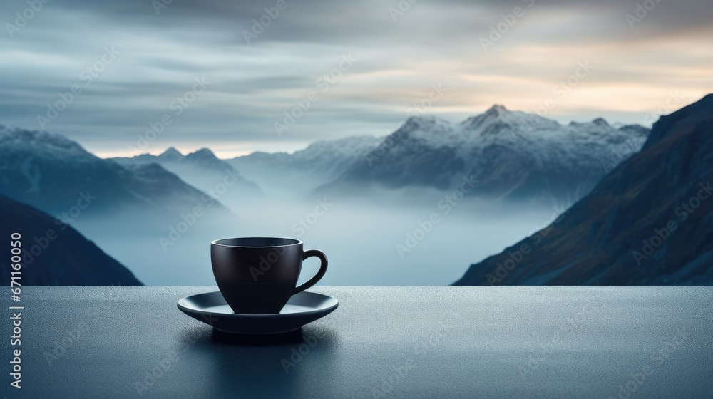 Poster a cup of coffee sits on a saucer in front of a view of a mountain range with a foggy sky and low lyi