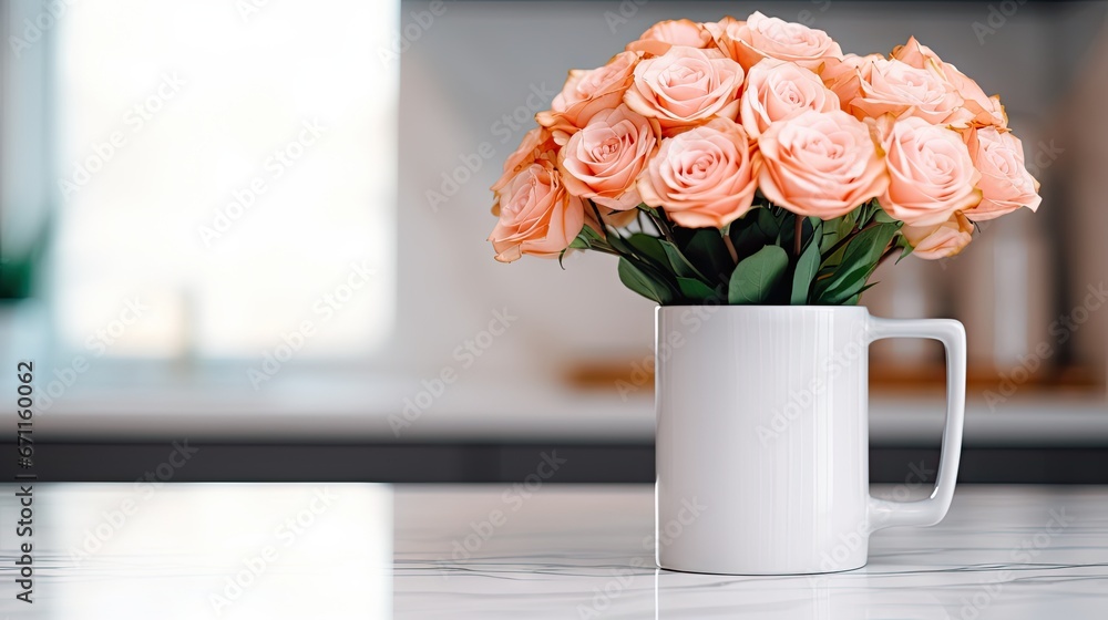 Poster a white mug with a bouquet of pink roses in it on a marble table in front of a bookshelf in a room w