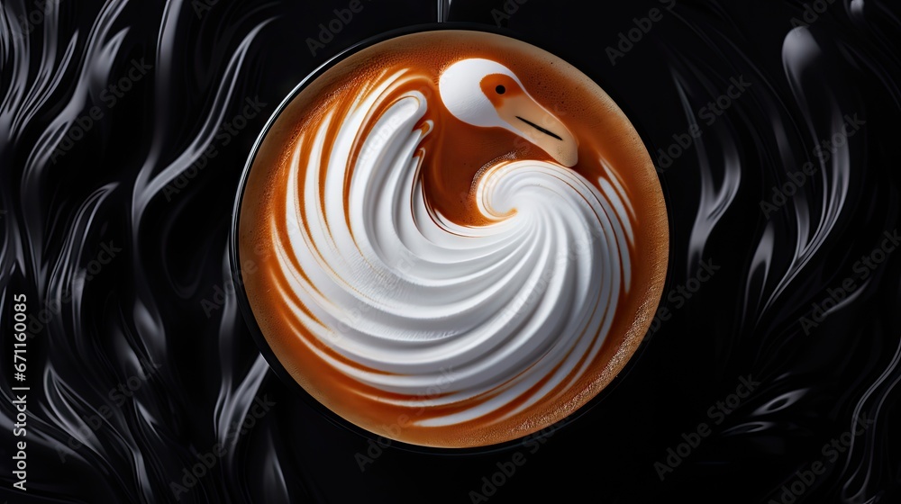 Poster a picture of a white and orange swirl in the shape of a swan in the center of a black and white swir