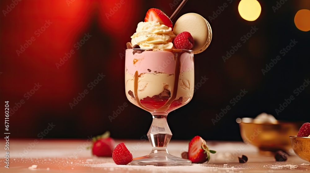 Poster a dessert with strawberries and ice cream in a glass on a table with a bowl of strawberries and a bo