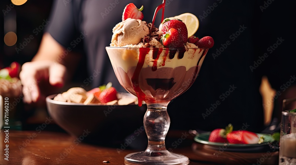 Poster a bowl of ice cream with strawberries and lemon wedges on a table next to a bowl of strawberries and