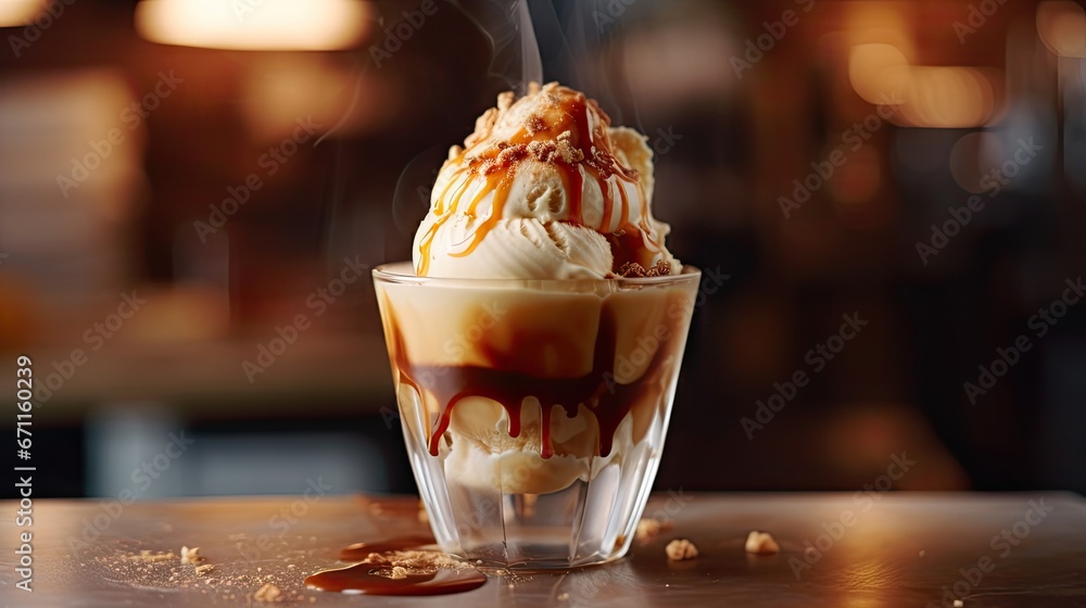 Poster an ice cream sundae with chocolate sauce and caramel drizzle in a glass on a wooden table with a blu