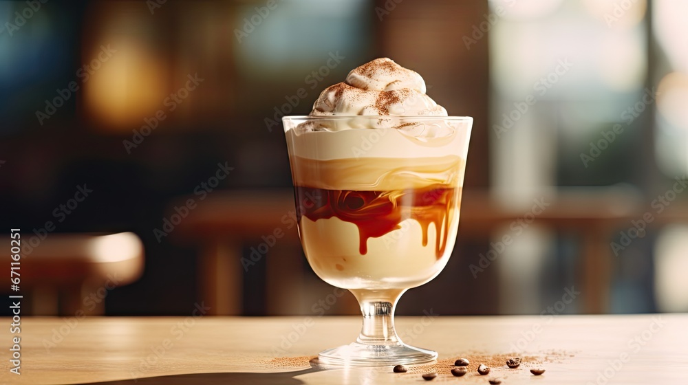 Poster a close up of a dessert in a glass on a table with a blurry background of chairs and a table with a 