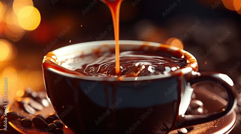 Poster a close up of a cup of coffee with a saucer on the side of the cup and a spoon in the middle of the 