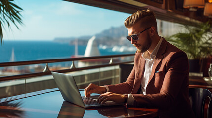hombre apuesto trabajando en su laptop con vista al mar dentro de un crucero  - obrazy, fototapety, plakaty