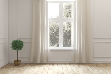 Fototapeta premium White empty room with summer landscape in window. Scandinavian interior design. 3D illustration