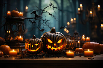 Fototapeta premium Eerie Halloween Pumpkin with Fiery Candles