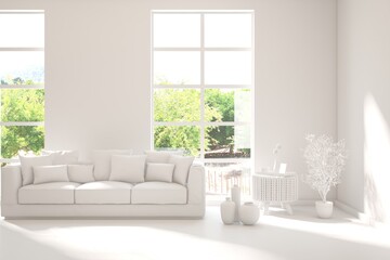 Grey living room concept with sofa and summer landscape in window. Scandinavian interior design. 3D illustration