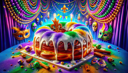 King Cake traditional holiday pastry for Mardi Gras - obrazy, fototapety, plakaty
