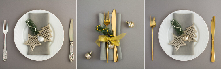 Collage. Christmas table setting on the gray background. Top view. Close-up.