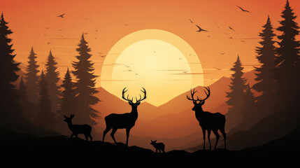 Forest Sunrise: Deer Family Silhouette