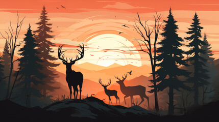 Majestic Deer Family in Silhouette