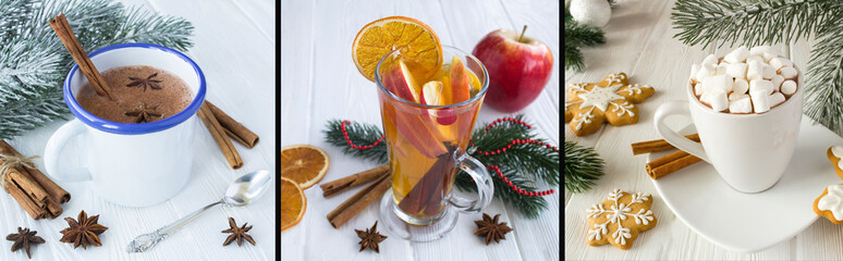 Collage of Christmas drinks. Hot chocolate with marshmallows, cocoa and mulled wine on the white wooden background. Close-up.