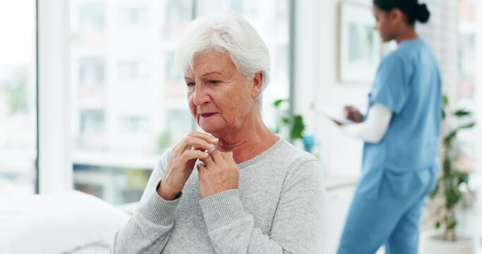 Consultation, coughing or sick old woman in hospital appointment for wellness or medical help. Chest pain, tuberculosis or senior patient with cold or doctor for nursing in clinic for healthcare