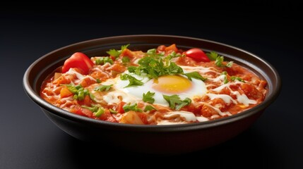 A bowl of food with a fried egg on top, tasty menemen, Turkish food.