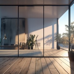 Modern glass door in front in detailed interior render in blender. Background home interior design.