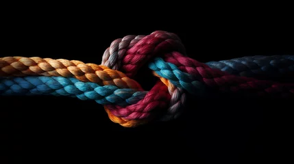 Fotobehang Team rope diverse strength connect partnership together teamwork unity communicate support. Strong diverse network rope team concept integrate braid color background cooperation empower power. © Максим Зайков