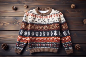 A vibrant, festive Christmas sweater adorned with intricate patterns of reindeer, snowflakes, and Christmas trees, bringing holiday cheer to the winter season