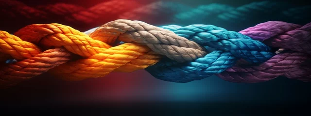 Fotobehang Team rope diverse strength connect partnership together teamwork unity communicate support. Strong diverse network rope team concept integrate braid color background cooperation empower power. © Максим Зайков