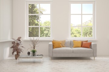Contemporary classic white interior with furniture and decor and summer landscape in window. Scandinavian interior design. 3D illustration