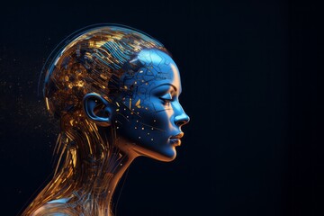 Humanoid head. Vibrant blue and yellow. Neon neural network.
