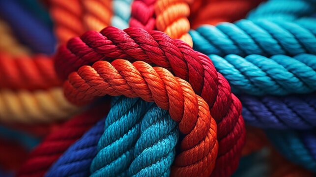 Team rope diverse strength connect partnership together teamwork unity communicate support. Strong diverse network rope team concept integrate braid color background cooperation empower power.