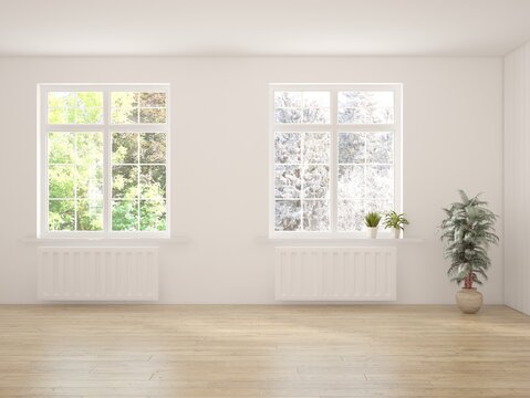 White empty room with summer and winter landscape in window. Scandinavian interior design. 3D illustration