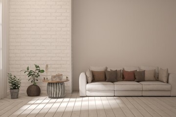 Interior design of modern apartment. Interior mockup. Scandinavian interior design. 3D illustration