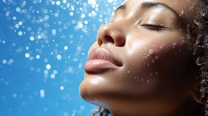 Close-up view of a clean wet smiling female face with closed eyes under a shower or rain. Care cosmetics, water. Illustration, wallpaper, background. - obrazy, fototapety, plakaty