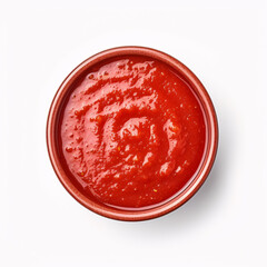 Arrabbiata sauce in a wooden bowl. Spicy Italian tomato sauce for pasta, made from tomatoes, garlic and dried red chili peppers, cooked in olive oil. Vegan sugo. Close-up over white, macro food photo.