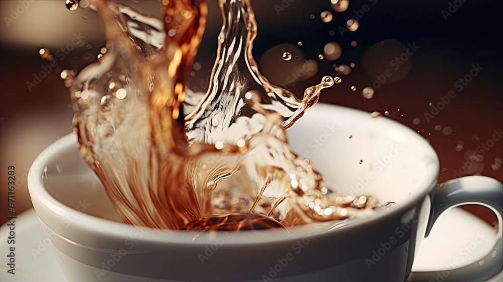 Poster a close up of a cup of coffee with water splashing out of the top and a saucer with a spoon on a sau