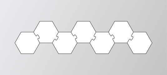 Jigsaw puzzle infographics with 7 pieces. Hexagon business chain infographic. Process diagram with steps, parts. Business presentation info graphic. Puzzle hexagonal grid. Vector illustration