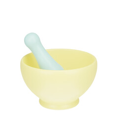 3d icon of a mortar and pestor in yellow bowl with blue handle on black background