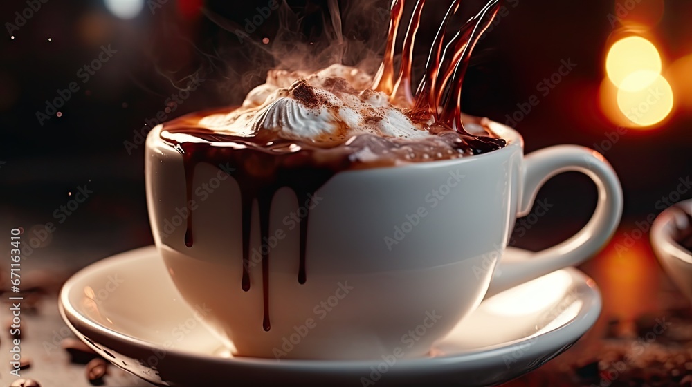 Poster a cup of hot chocolate with marshmallows on a saucer with a saucer on a saucer and a spoon in front 