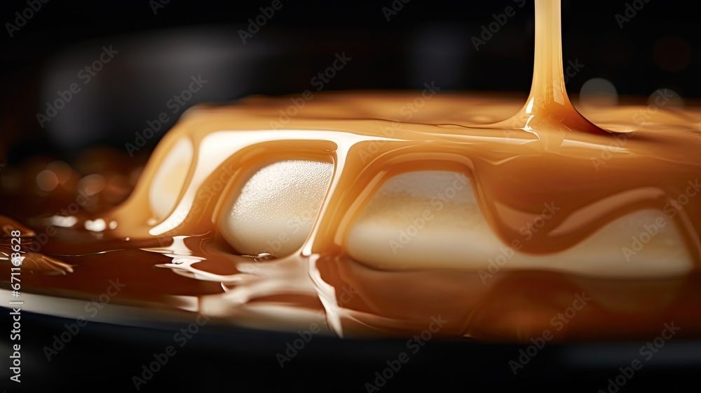 Poster a close up of a cake on a plate with a caramel sauce drizzled on top of it and a spoon in the middle