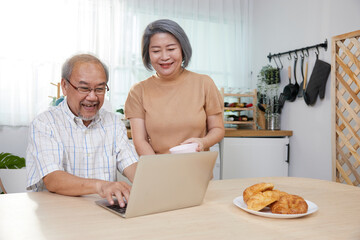senior couple working on laptop computer in the kitchen