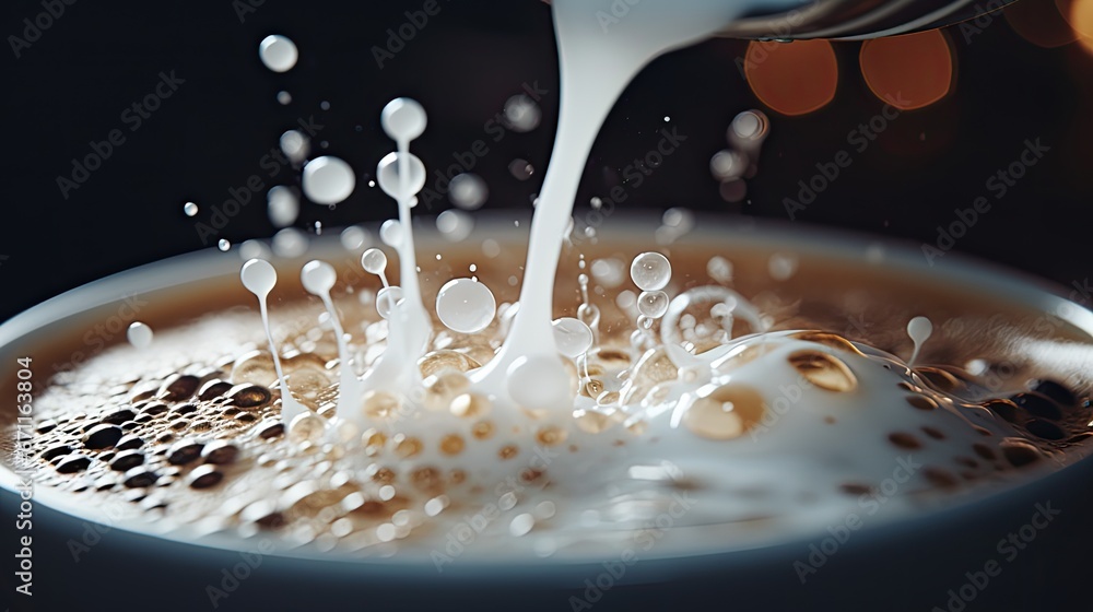 Poster a cup of coffee with milk being poured into it, creating a splash of milk that is visible in the for