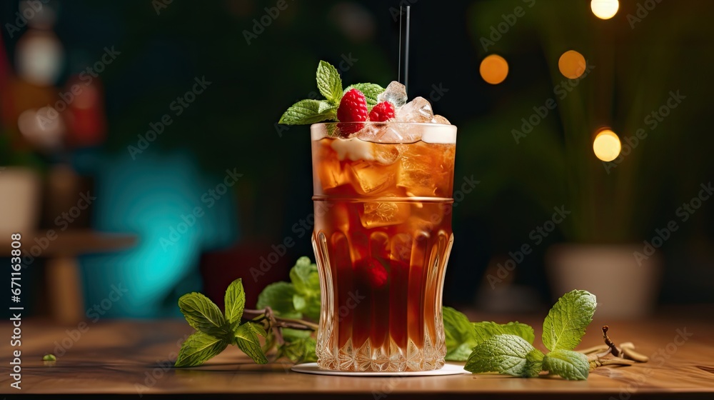 Poster a close up of a drink with ice and raspberries on a wooden table with a blurry background and boke o