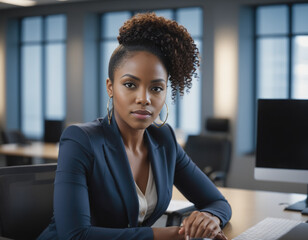 black woman entrepreneur sitting in the office at her desc in a business suit working illustration. - obrazy, fototapety, plakaty