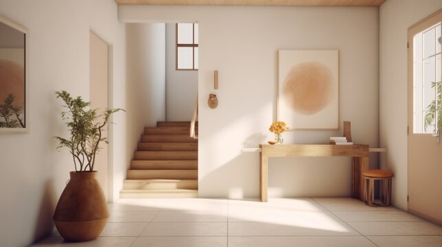 Bright interior design of modern entrance hall with.Generative AI