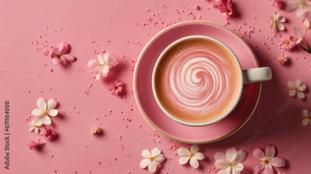 Aufkleber an overhead view of a cup of coffee with a swirl in the foam on a pink saucer surrounded by small pi