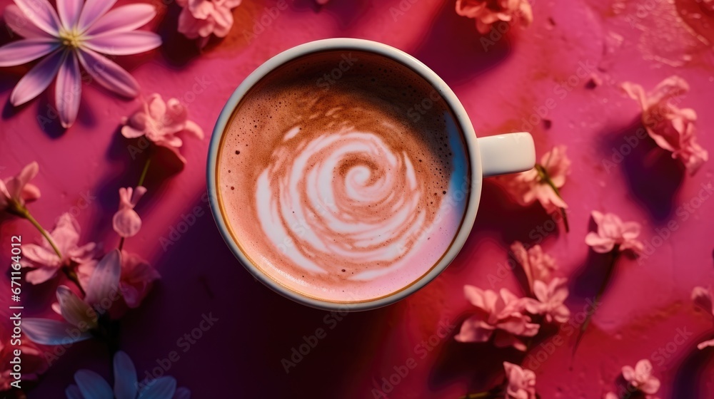 Poster a close up of a cup of coffee on a table with pink flowers on the side and a spiral design in the mi