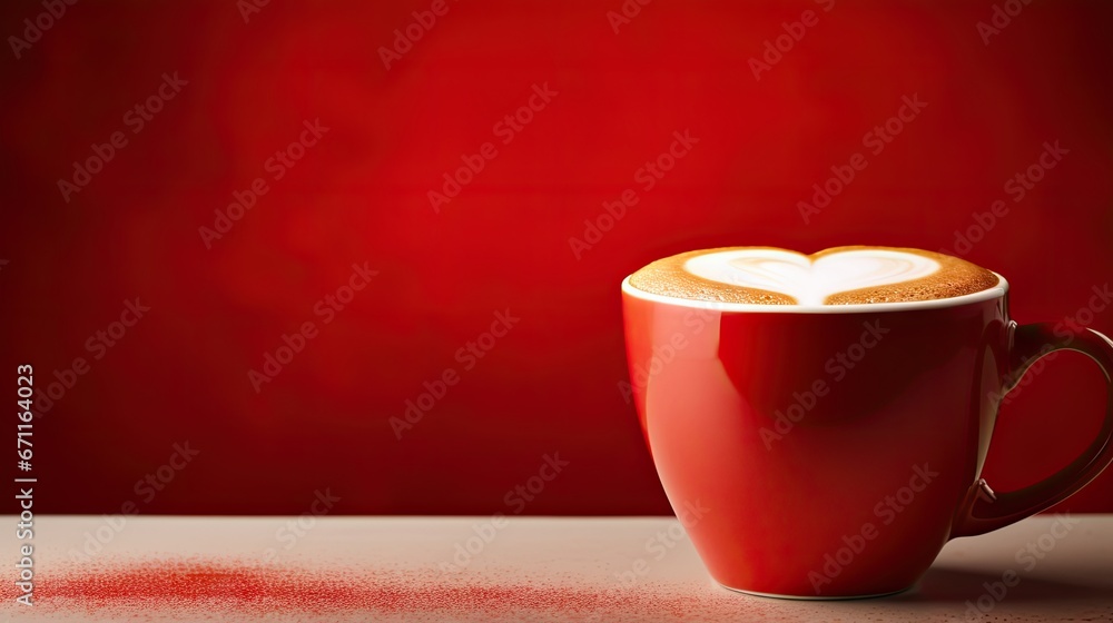 Poster a cup of coffee on a table with a heart pattern in the foam on the top of the cup and a red backgrou