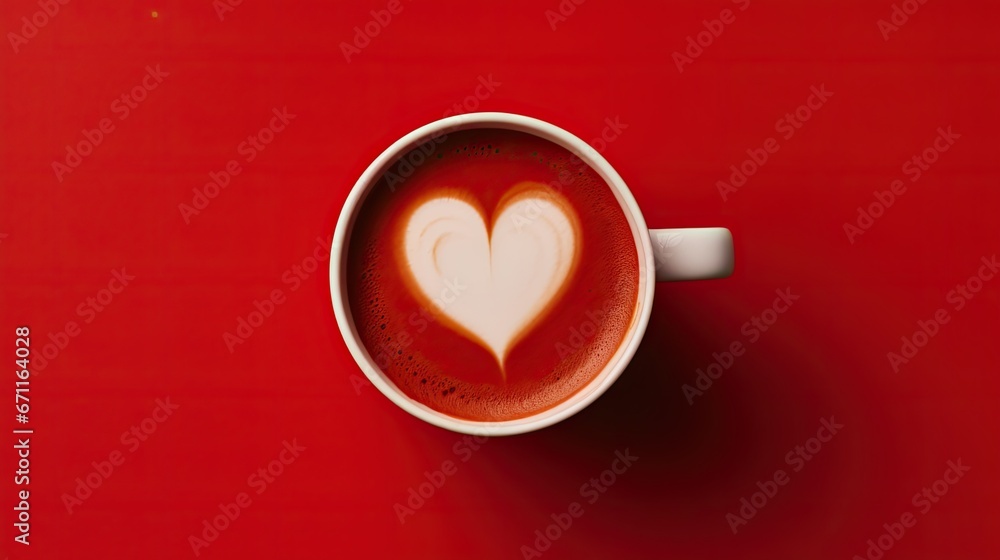 Poster a cup of coffee with a heart drawn on the foam in the shape of a heart on top of a red table with a 