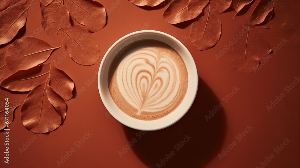 Poster  a cup of coffee sitting on top of a saucer next to a leafy pattern on top of a red surface with a shadow of leaves on the side of the cup.  generative ai