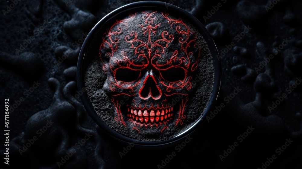 Poster a close up of a skull with a red light on it's face and a black background with skulls on it's sides