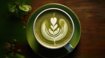  a cup filled with green liquid on top of a green saucer with a leaf drawn in the foam on top of the foam in the shape of a heart.  generative ai