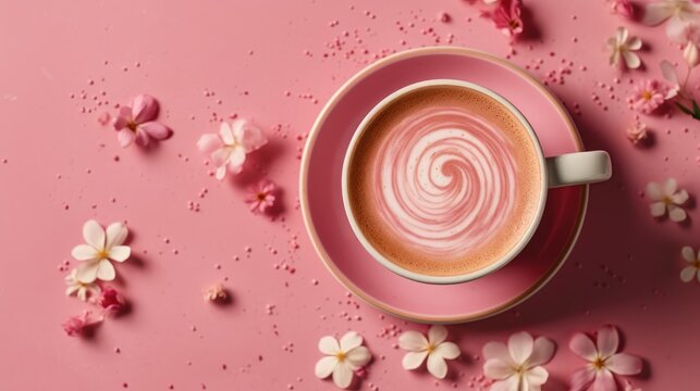  an overhead view of a cup of coffee with a swirl in the foam on a pink saucer surrounded by small pink and white flowers on a light pink background.  generative ai